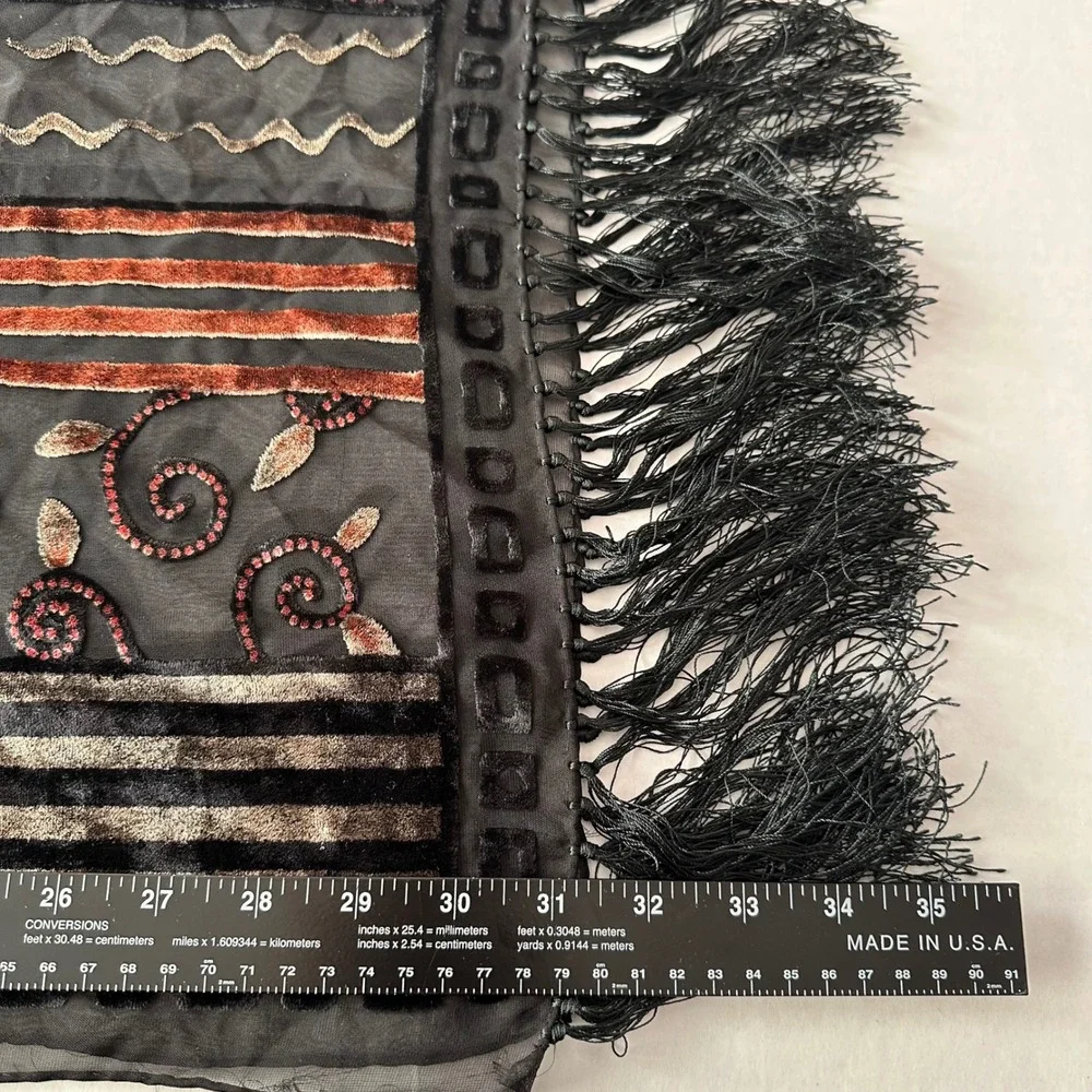 Vintage Silk Burnout Velvet Patchwork Floral Fringe Scarf Shawl Black Red Gold
